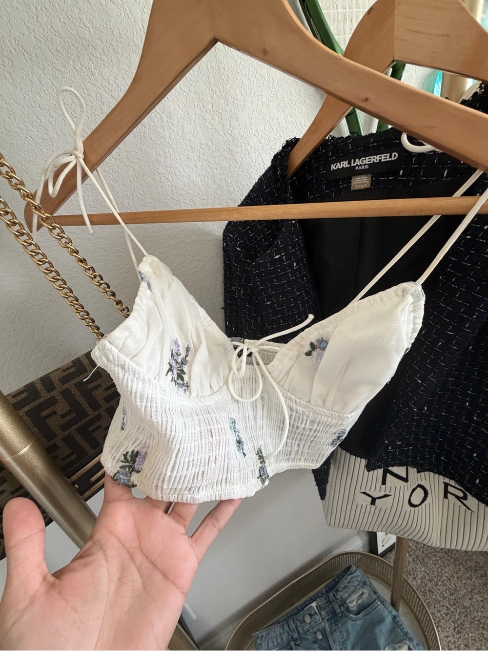Forever 21 White Floral Smocked Crop Top with Lavender Accents